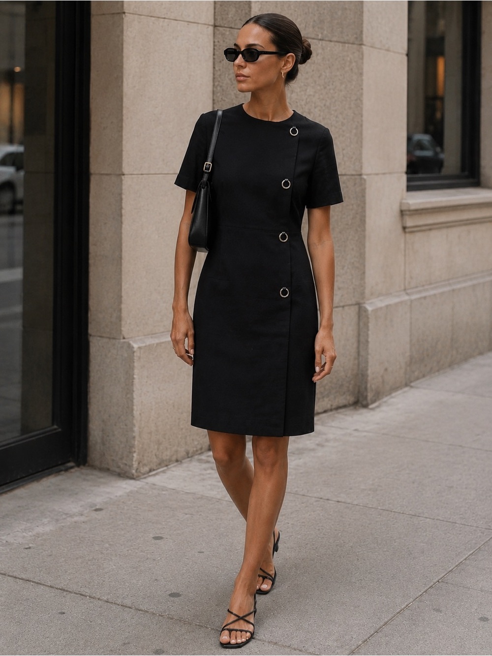 VTG Jones New York Black Mini Dress with Ring Accents 90s minimalist